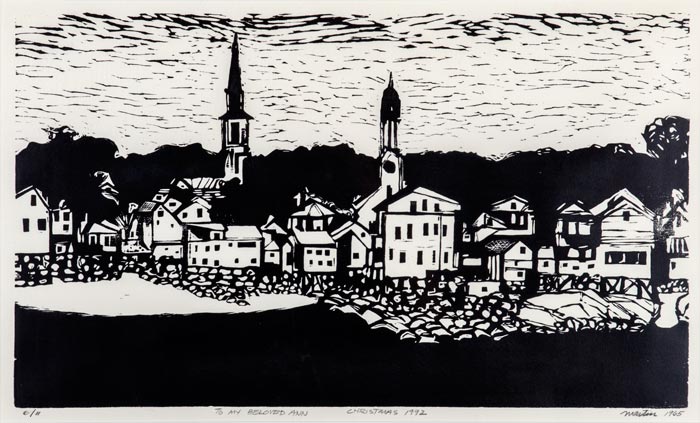 Sea Town | 32" x 23" (framed), woodcut, 1965